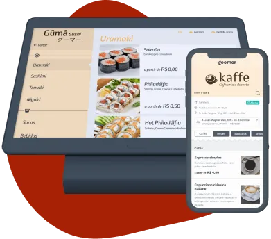Tablet preto exibindo na tela um cardápio digital de comida oriental e celular preto exibindo na tela um cardápio digital de cafeteria