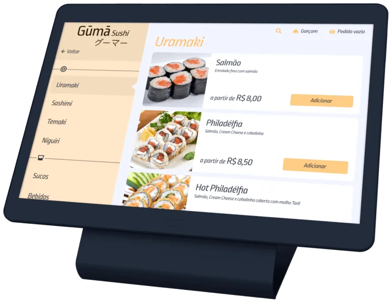Cardápio digital em tablet com um cardápio de comida japonesa sendo exibido